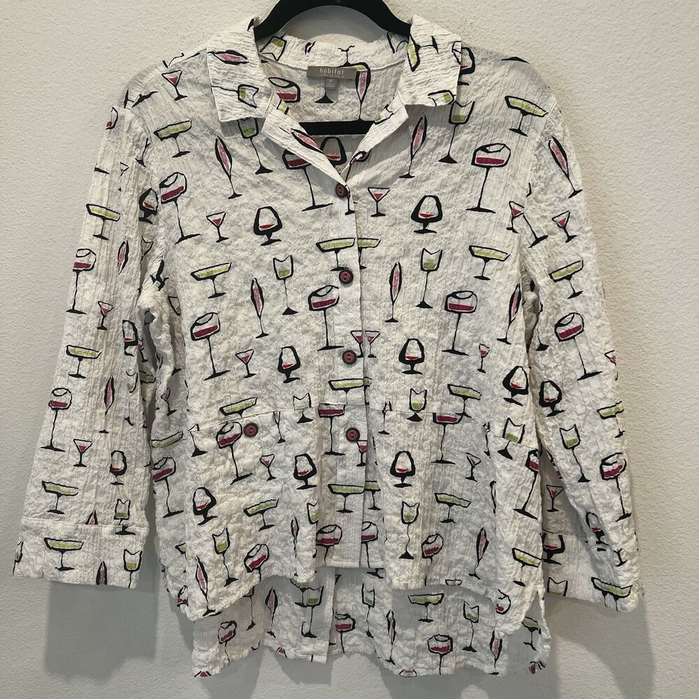 Habitat clothes to live in shirt sz Xs White Wine print Button Down Artsy